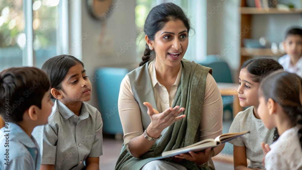 Fototapeta premium An Indian teacher captivating students with a storytelling session, using expressive gestures and visual aids to enhance the experience. 