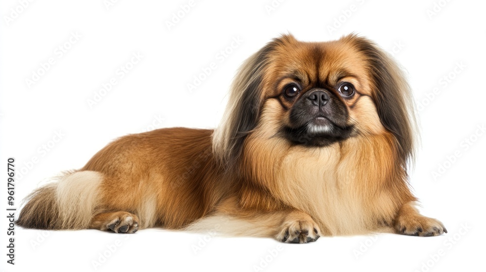 A Pekingese dog lying down, showcasing its fluffy coat and expressive eyes. A Pekingese dog lying down, showcasing its fluffy coat and expressive eyes.