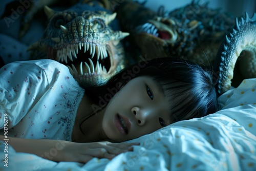 Juxtaposition of comfort and fear girl sleeps beneath monster art. Dark artwork of monster looms above sleeping girl serene comfort. Serenity of sleep juxtaposed chaos of nightmare. photo