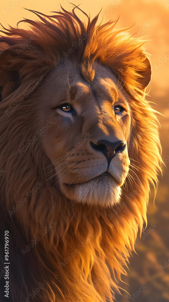 Naklejka premium A close-up portrait of a majestic lion with a detailed, golden mane, capturing its intense, yet calm expression against a soft, blurred background