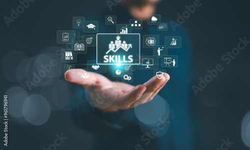 Skill individual development concept. Teamwork study up new ability, business technology evolution. HR learning interpersonal. Student hand hold digital soft skill icon. Competency training education