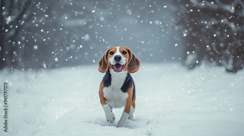 A playful beagle running joyfully through falling snow in a winter landscape.