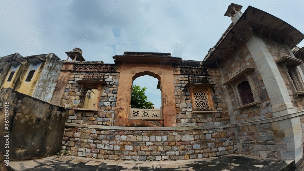 Exterior Architecture of Maharaniyon Ki Chhatriyan, the archaeological site features traditional funeral monuments honoring royal women of the past. Exterior Architecture of Maharaniyon Ki Chhatriyan, the archaeological site features traditional funeral monuments honoring royal women of the past.