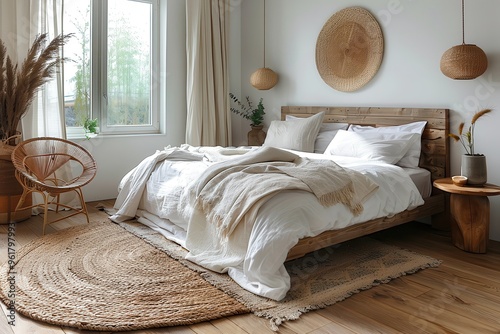 Scandinavian Bedroom A minimalist bedroom with a white bed, light wood furniture, and soft textiles. Add a cozy rug and simple, functional decor.