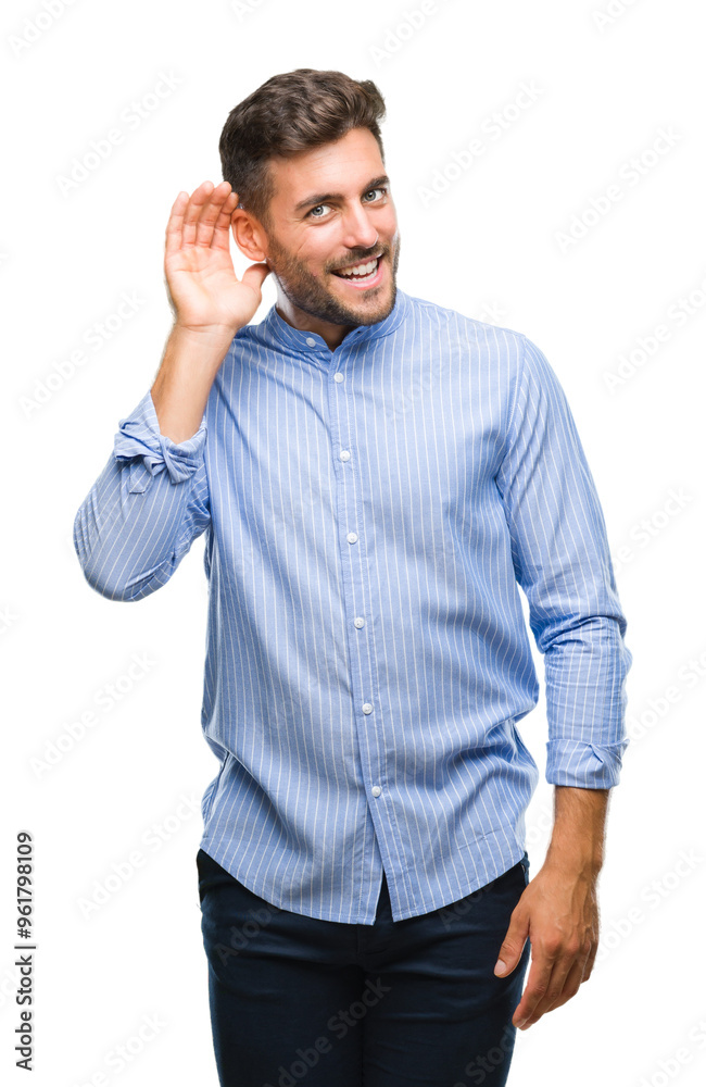 Young handsome man over isolated background smiling with hand over ear listening an hearing to rumor or gossip. Deafness concept. Young handsome man over isolated background smiling with hand over ear listening an hearing to rumor or gossip. Deafness concept.