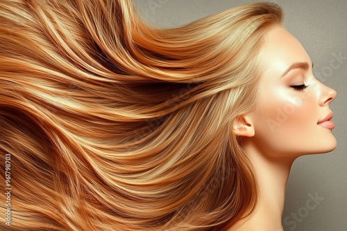 A studio portrait of a young woman model with modern make-up and long straight smooth hairstyle on a white background