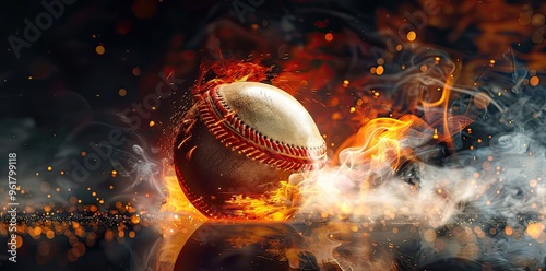 Wallpaper Mural Red cricket ball on fire with smoke and black background, banner design, wide angle lens, low depth of field, motion blur, sports photography. Torontodigital.ca