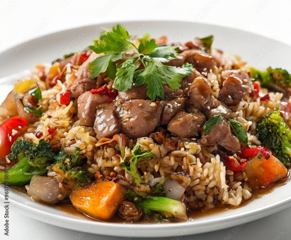 white plate topped with rice, meat and vegetables white plate topped with rice, meat and vegetables