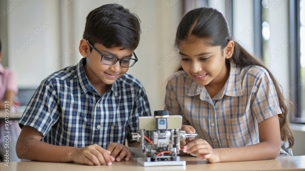 Indian students competing in a school robotics competition, demonstrating their skills in design and programming.