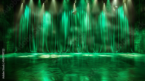 Wicked emerald green velvet satin fabric draped stage curtain theatrical lighting dramatic ambience performance event backdrop background banner empty copy space mock up witch concert movie show wicca