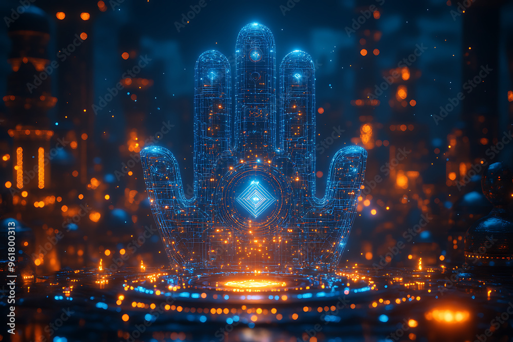 Obraz premium Hamsa design blending intricate geometric lines and shapes, creating a modern and artistic interpretation of this traditional symbol of protection. 