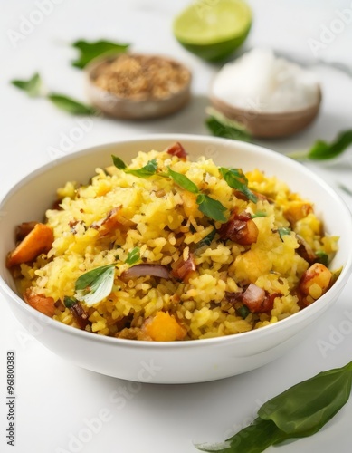 bowl rice with vegetables and herbs