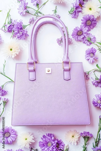 Wallpaper Mural The violet bag and ageratum flowers are on a gray table against a light background, with space for text below Torontodigital.ca