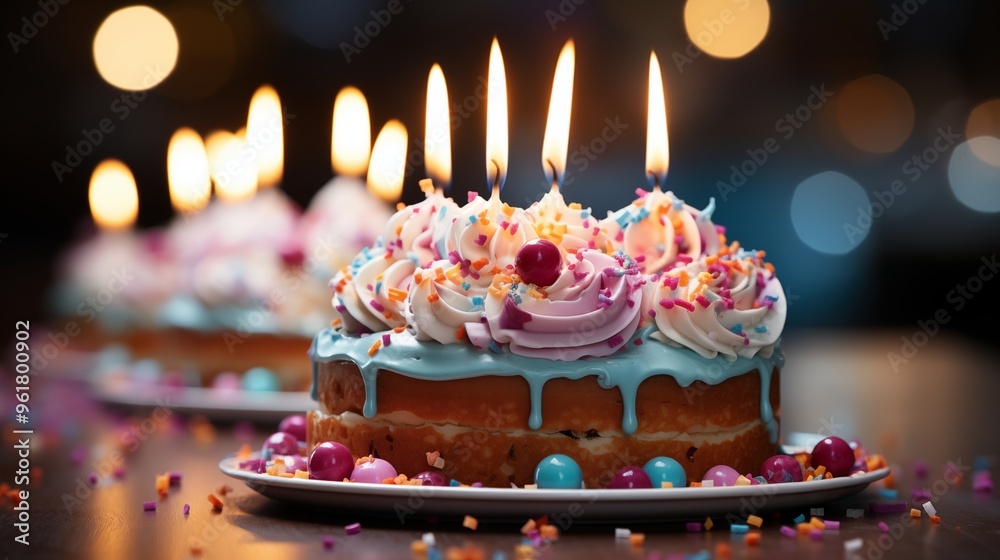 a birthday cake with candles lit and colorful sprinkles. a birthday cake with candles lit and colorful sprinkles.