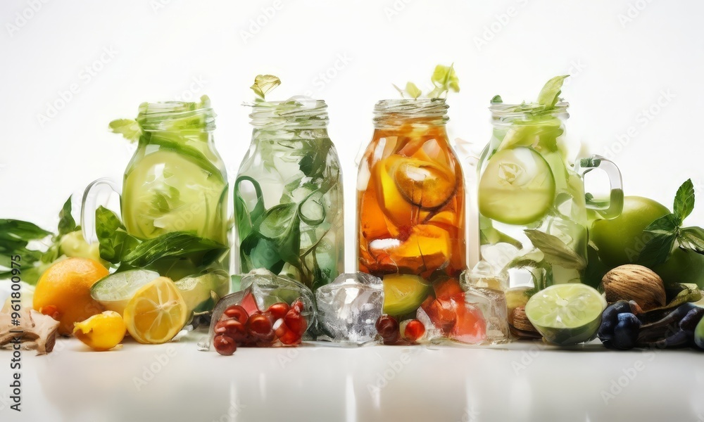 variety fruit and vegetables in glass jars variety fruit and vegetables in glass jars
