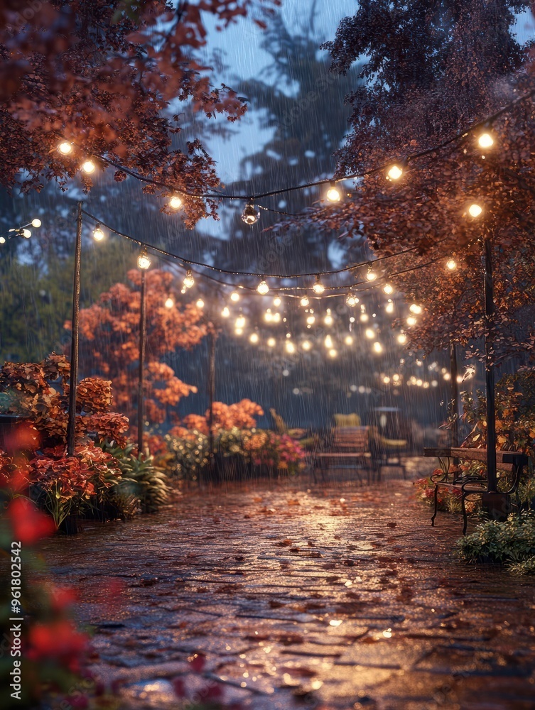 Naklejka premium Garten, Lichterkette, Regen, Nass, Gemütlich, Herbst, Weihnachten, Pflanzen, Kübel, Deko, Lichter, Beleuchtung