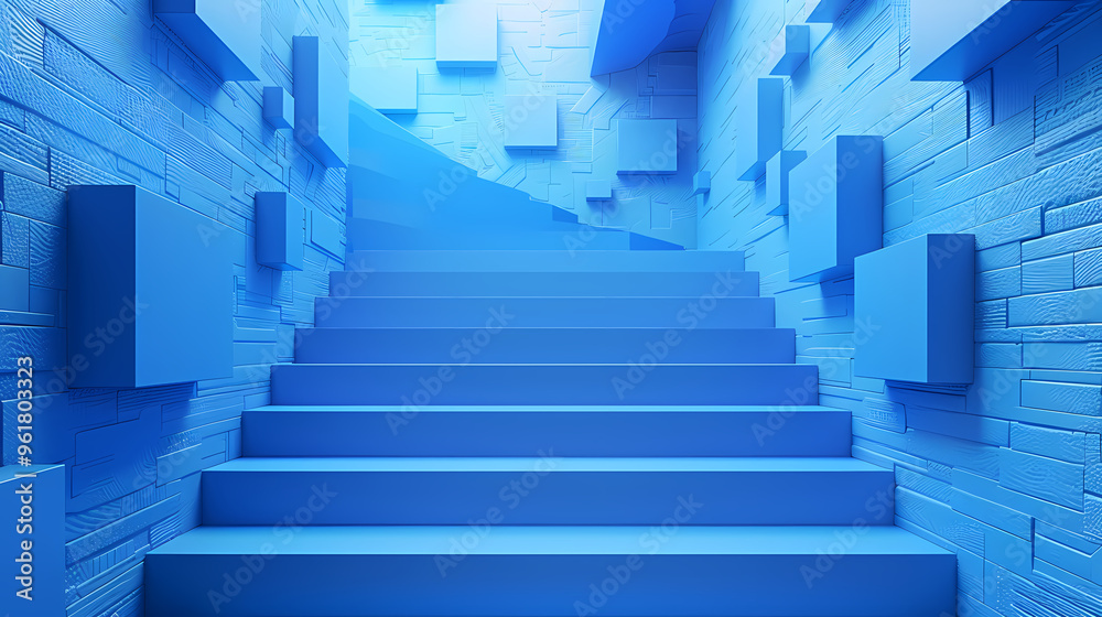 Geometric blue stairs in paper cut style, Squid game,photostock style Geometric blue stairs in paper cut style, Squid game,photostock style