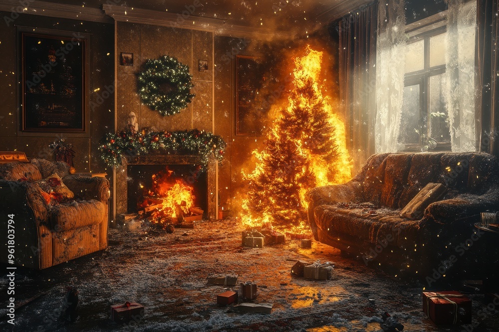 A Christmas tree engulfed in flames in a festive living room, surrounded by wrapped presents. The fire spreads through the decorated tree, creating a hazardous and chaotic scene. A Christmas tree engulfed in flames in a festive living room, surrounded by wrapped presents. The fire spreads through the decorated tree, creating a hazardous and chaotic scene.