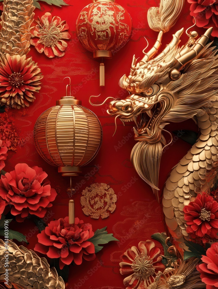 custom made wallpaper toronto digitalHappy Chinese New Year 2024 the dragon zodiac sign with flower, lantern, elements with red and gold color. background. Copy space