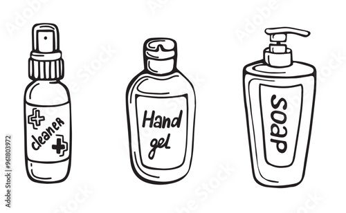 Hand disinfection kit disinfectant, cleaner, antibacterial soap. Hand drawn vector illustration in doodle style. Cleaner, sanitizer. Gel for cleaning hands. Design for printing