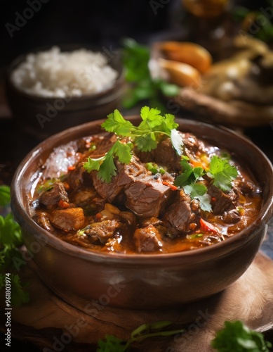 bowl beef stew with rice and parise
