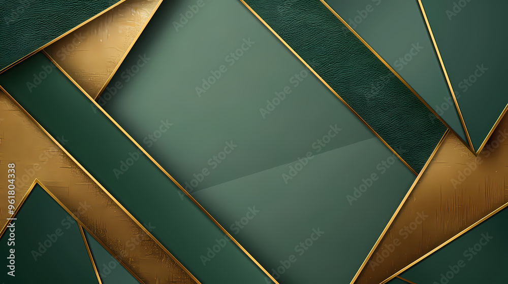 Luxury invitation card background vector. Golden elegant geometric shape, gold lines gradient on green background.
