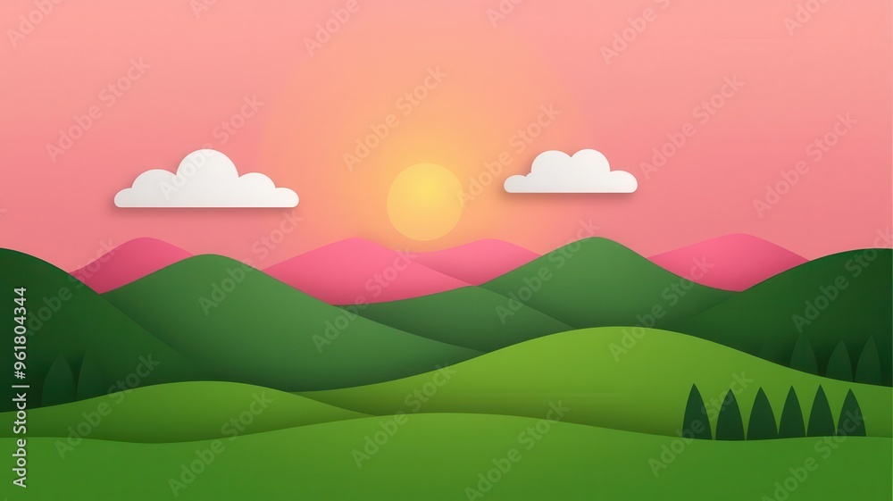 Fototapeta premium Lush green landscape, pink ribbon shining through the clouds, flat design illustration