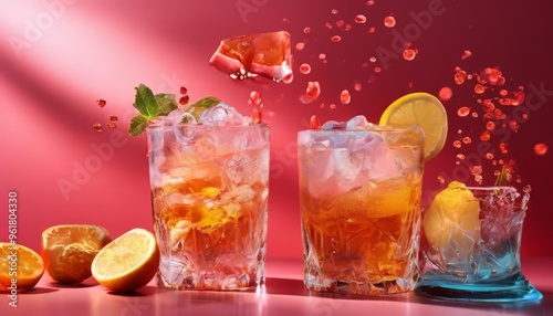 three glasses alcohol with ice and lemons