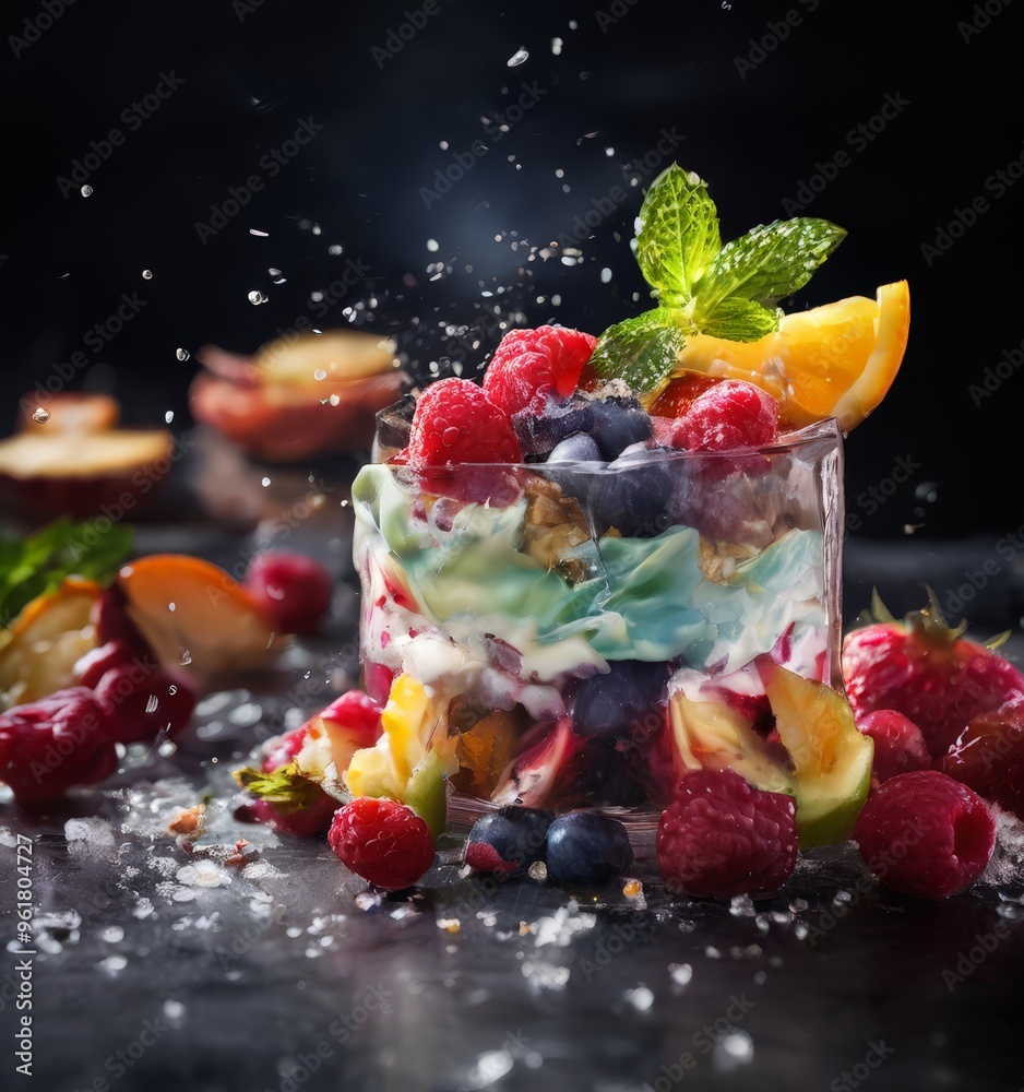 dessert with fruit and ice on table dessert with fruit and ice on table