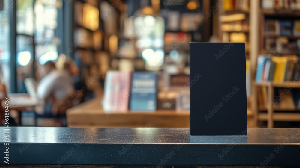 Black blank sandwich board on a counter in a cafe within a bookstore, with customers enjoying coffee and books. Empty sandwich board Black blank sandwich board on a counter in a cafe within a bookstore, with customers enjoying coffee and books. Empty sandwich board