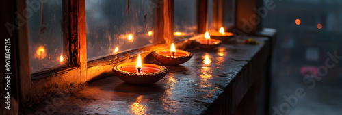 Intricate diya decorations illuminating windowsills on Diwali night photo