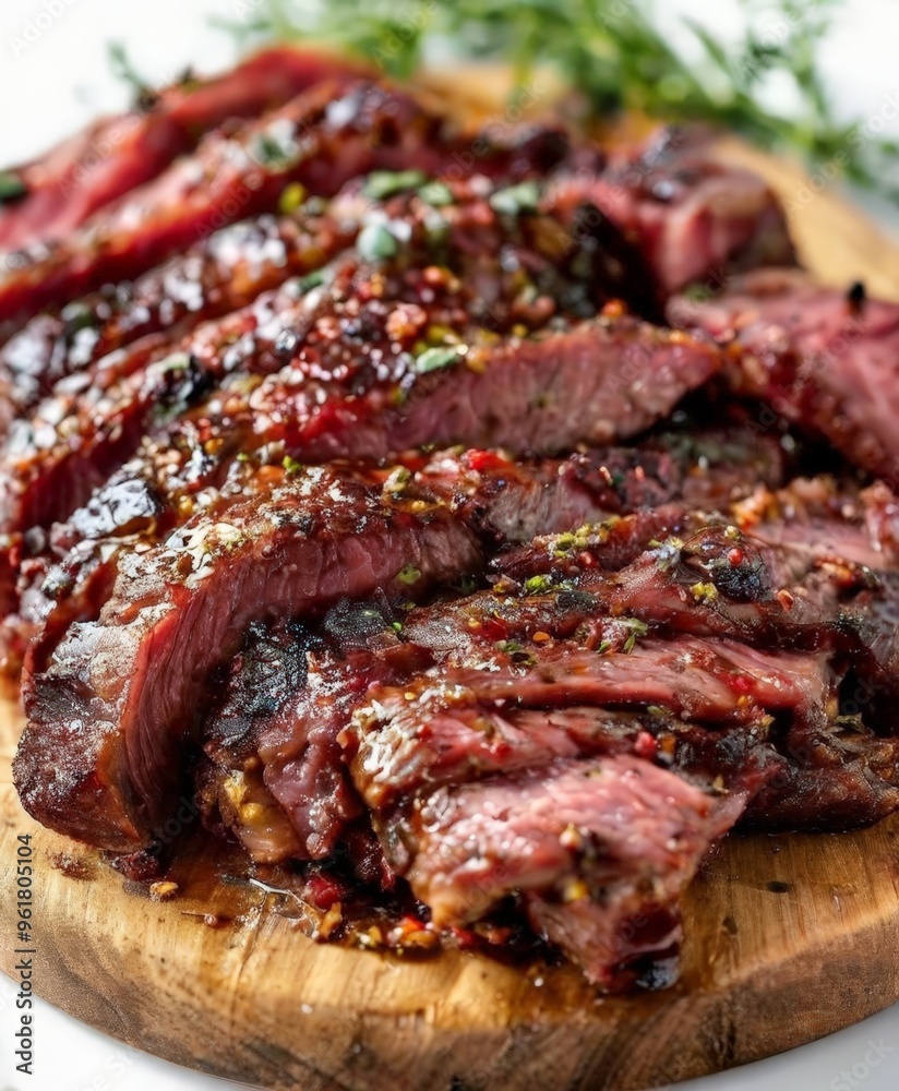 wooden cutting board topped with sliced beef wooden cutting board topped with sliced beef