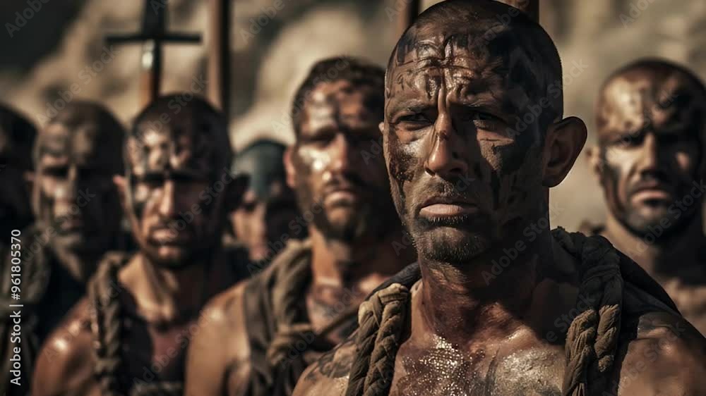 Group of dirty and sweaty Caucasian men - slaves, criminals and convicts bound with ropes under the sun of a desert to work. Scene of ancient slavery Group of dirty and sweaty Caucasian men - slaves, criminals and convicts bound with ropes under the sun of a desert to work. Scene of ancient slavery