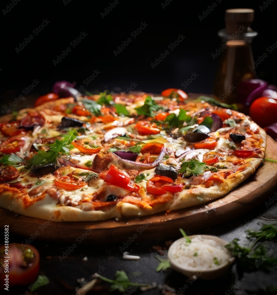 pizza with vegetables and cheese on wooden board pizza with vegetables and cheese on wooden board