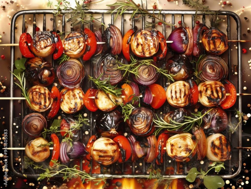 Naklejka premium Top view of fresh herb grilled vegetables with barbecue sauce on grill being grilled. Delicious freshly made food.