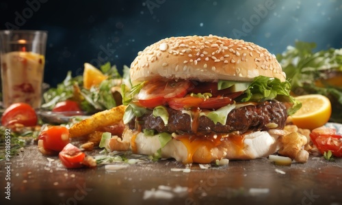 hamburger with lete and on table photo