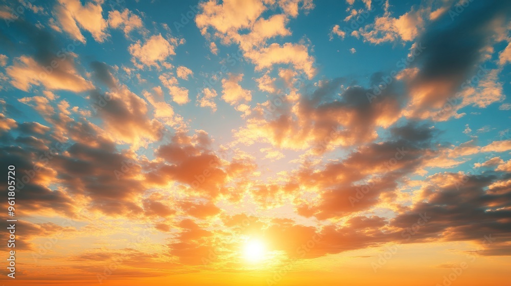 Obraz premium Golden Sunset Sky with Fluffy Clouds