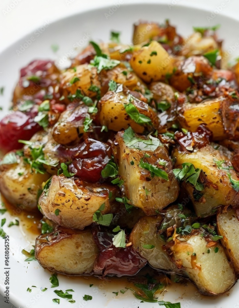 white plate topped with potatoes and bacon white plate topped with potatoes and bacon