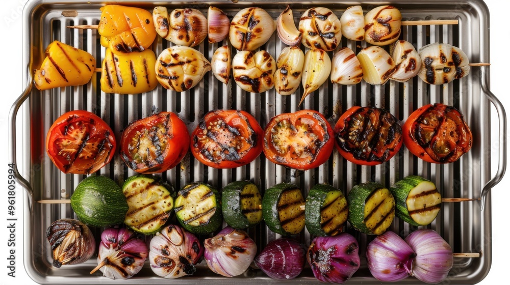 Top view of fresh herb grilled vegetables with barbecue sauce on grill being grilled. Delicious freshly made food. Top view of fresh herb grilled vegetables with barbecue sauce on grill being grilled. Delicious freshly made food.
