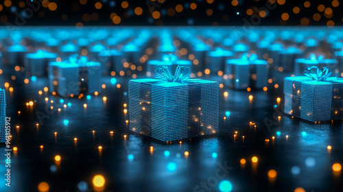 Beautifully wrapped gift boxes set in blue, surrounded by bright lights that create a festive and enchanting atmosphere for celebrations. Post packages 
