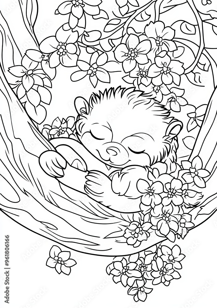 Fototapeta premium A modern illustration of handmade work, Zentangl the sloth perched on a tree. Doodle drawing. Anti-stress coloring page.