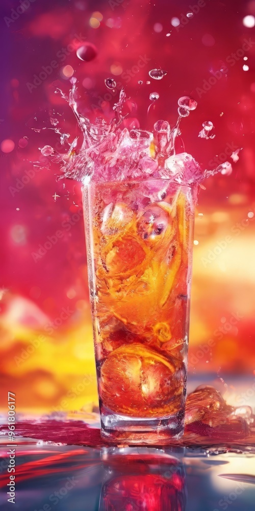 glass cola with ice and splashing water