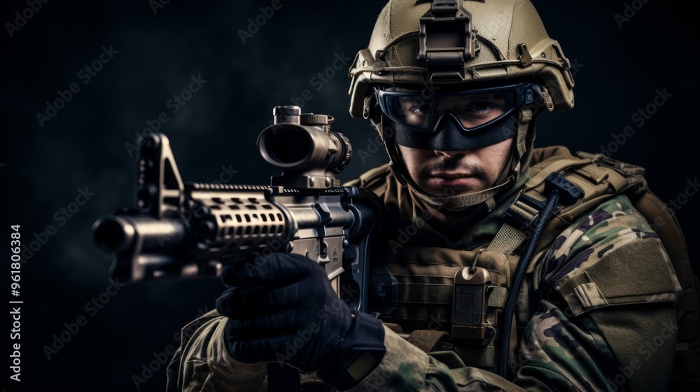 Portrait of a special forces soldier with machine gun. The concept of special military units. Neural network ai generated art Portrait of a special forces soldier with machine gun. The concept of special military units. Neural network ai generated art