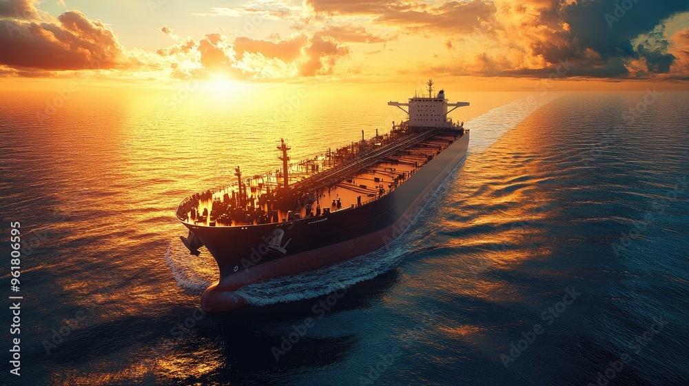 Dramatic view of an oil tanker making its way across the ocean, with the sun setting behind it, casting a golden glow over the water. Dramatic view of an oil tanker making its way across the ocean, with the sun setting behind it, casting a golden glow over the water.