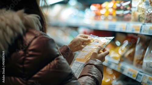 Close-up of an individual carefully reading ingredient labels on food packaging to avoid allergens, highlighting the importance of allergen awareness and prevention in everyday life.