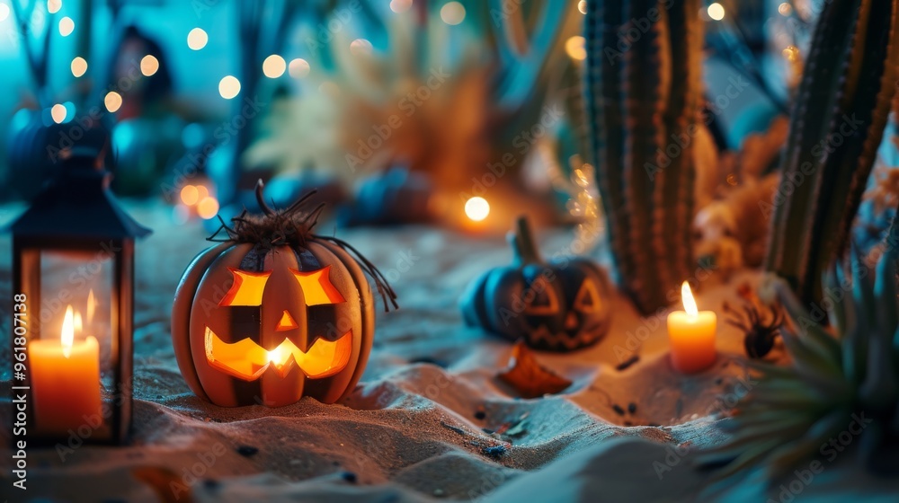 Obraz premium Halloween jack-o'-lanterns glow amid a desert landscape at night, surrounded by candles and cacti. The spooky ambiance and soft lighting create a haunting scene, perfect for Halloween themes.