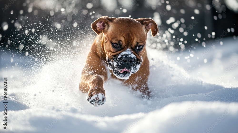 A playful dog running through snow, enjoying the winter landscape. A playful dog running through snow, enjoying the winter landscape.