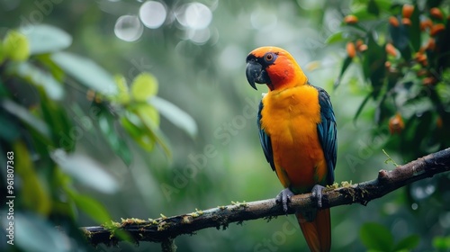 A detailed view of a colorful tropical bird perched on a branch in a lush rainforest, with a clean background and lots of copy space for birdwatching information and tips.