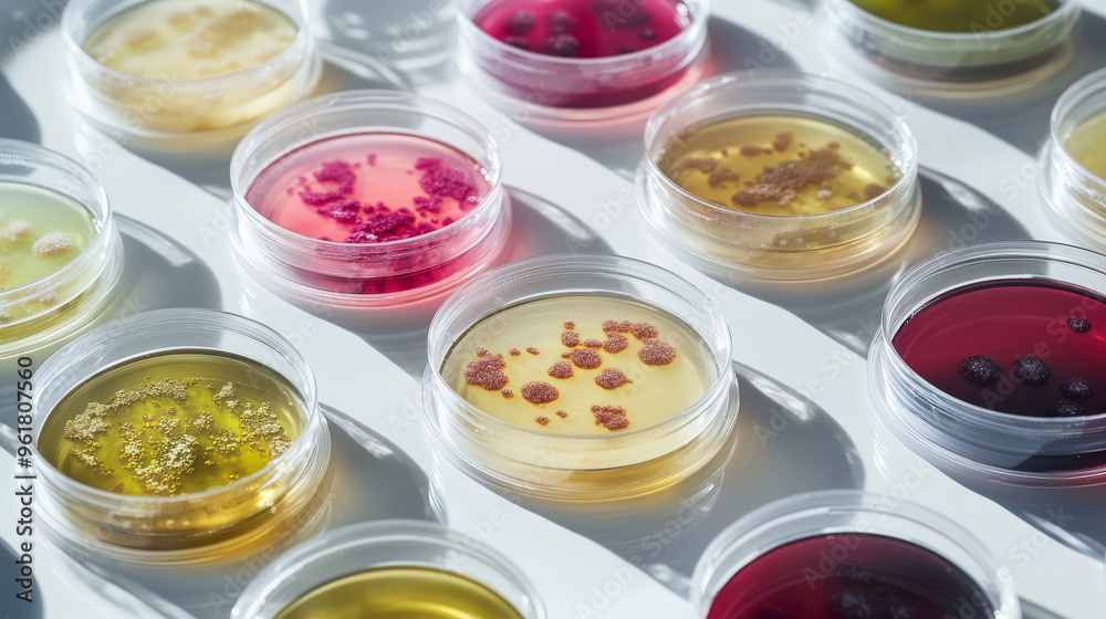 Top view of multiple petri dishes containing different fungal cultures in various colors and textures, illuminated by sunlight.
Top view of multiple petri dishes containing different fungal cultures in various colors and textures, illuminated by sunlight.
