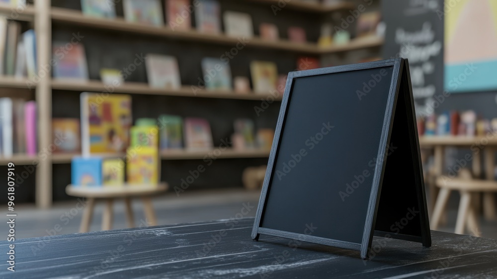 Blank sandwich board in a children's store, promoting educational workshops or products among colorful learning materials. Empty sandwich board Blank sandwich board in a children's store, promoting educational workshops or products among colorful learning materials. Empty sandwich board